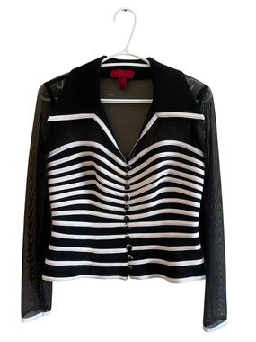 JS Collections Black & White Faux Striped Corset Blouse w Mesh Sleeves & Buttons